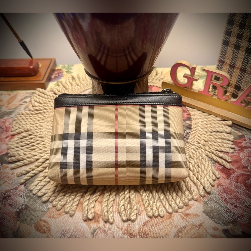 Burberry Beige Nova Check Zip Cosmetic Case/Pouch with Black Trim